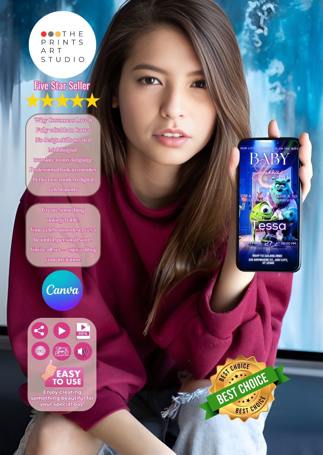 Woman holding a phone displaying a Monster Baby Shower Video Invitation template with vibrant colors and friendly monsters.