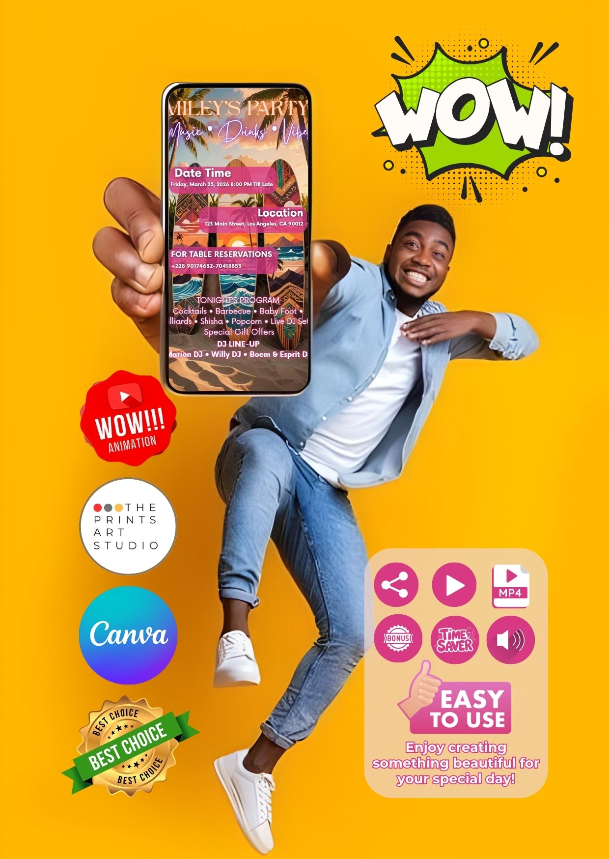 Man holding smartphone showcasing event video invitation template with vibrant design and modern icons for social media promotion.