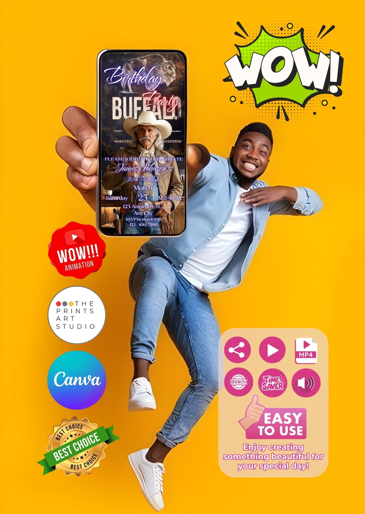 Excited man holding phone displaying Buffalo Bill Birthday Invitation Video, vibrant design with WOW effect and easy-to-use features.