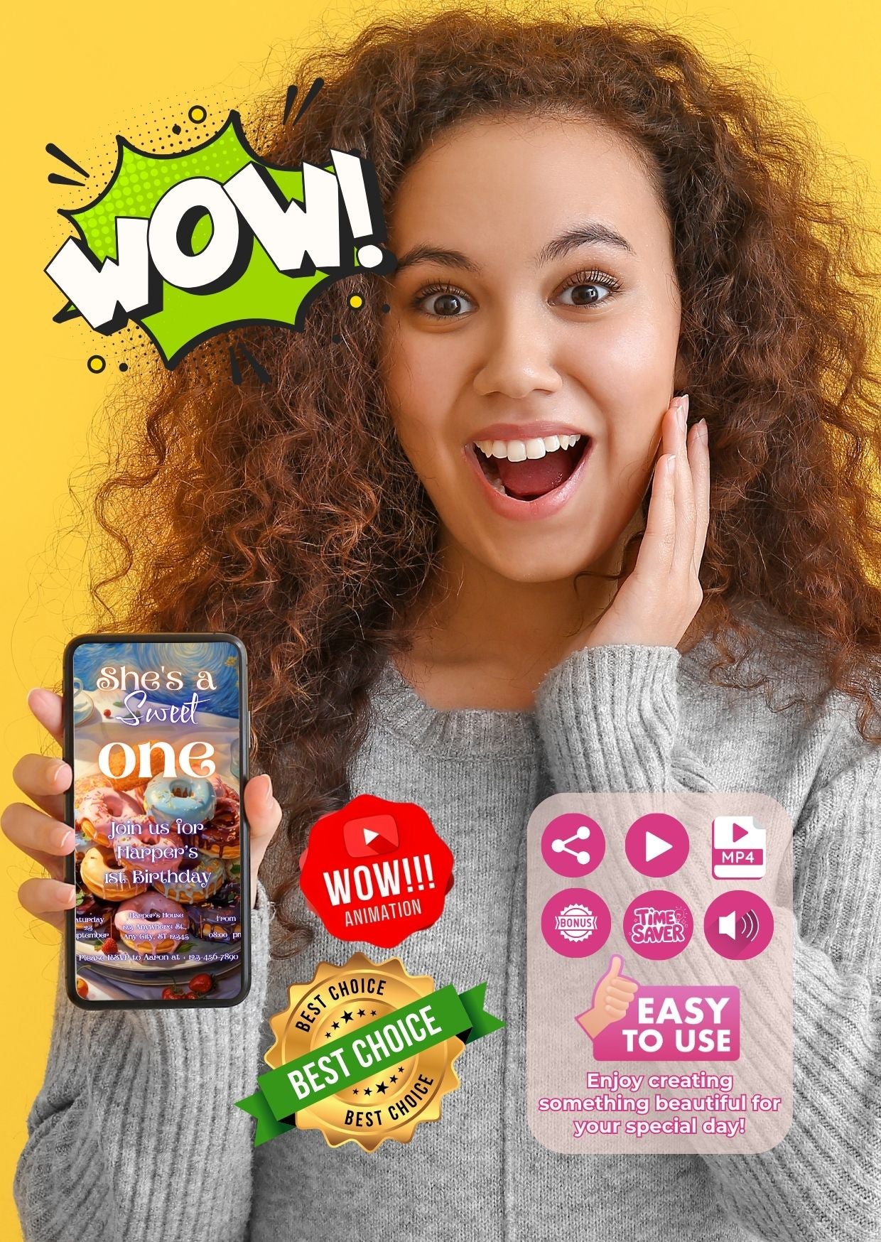 Excited woman holding phone with donut birthday video invitation on screen, highlighting easy use and animation features.