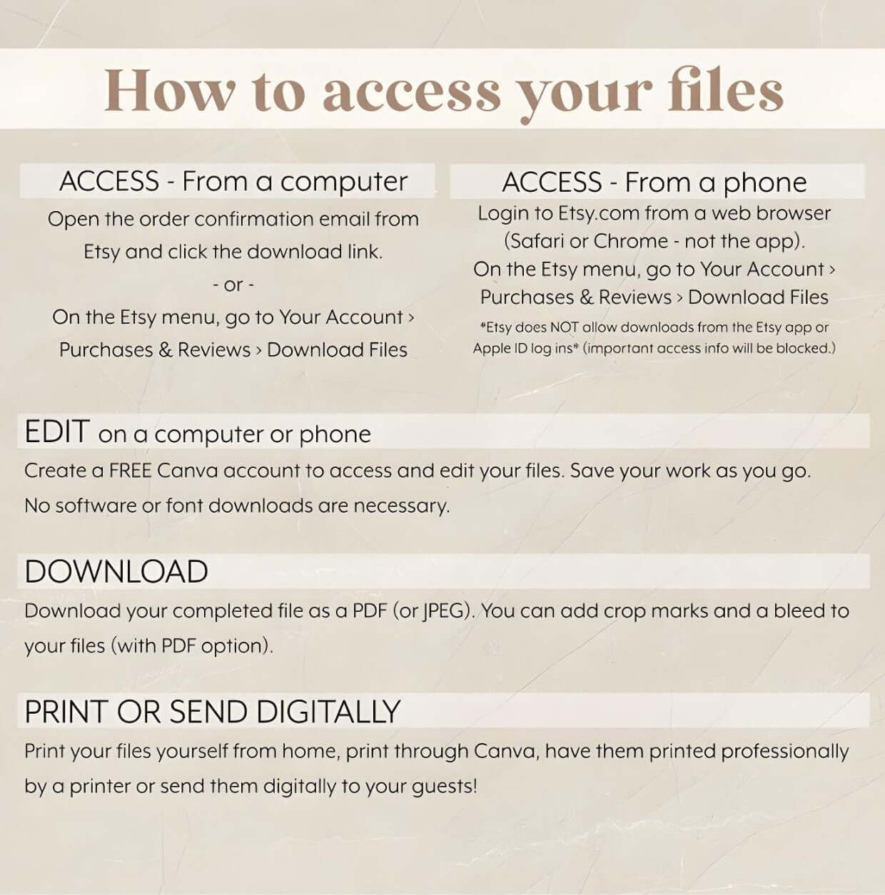 Instructions on how to access, edit, download, and print files for the pink floral baby shower invitation.