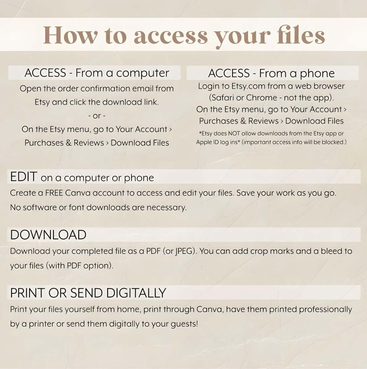 Instructions on accessing, editing, downloading, and printing digital files from Etsy for blue pumpkin baby shower invitation.
