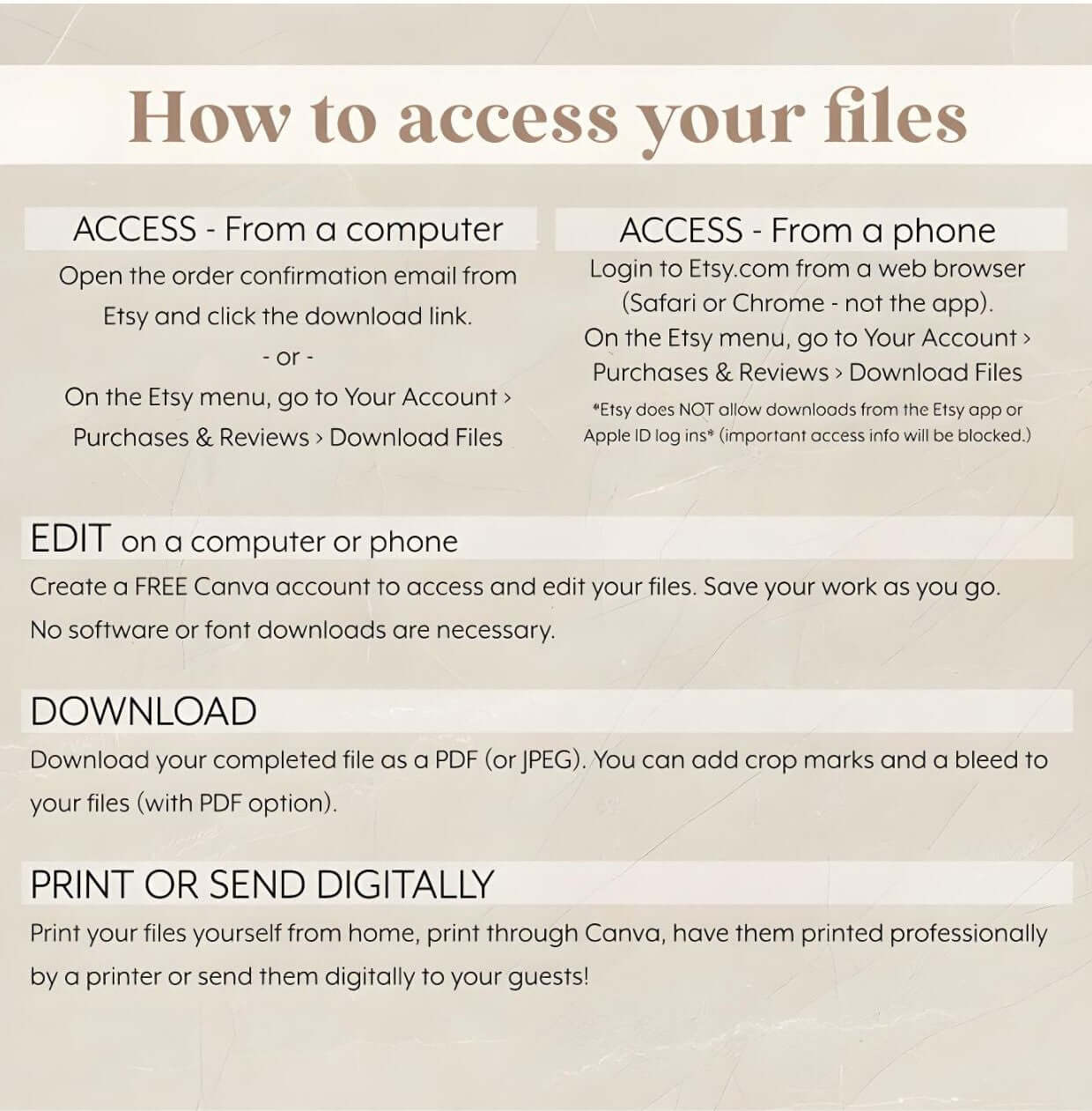 Instructions on accessing, editing, downloading, and printing files for blue and gold birthday invitation