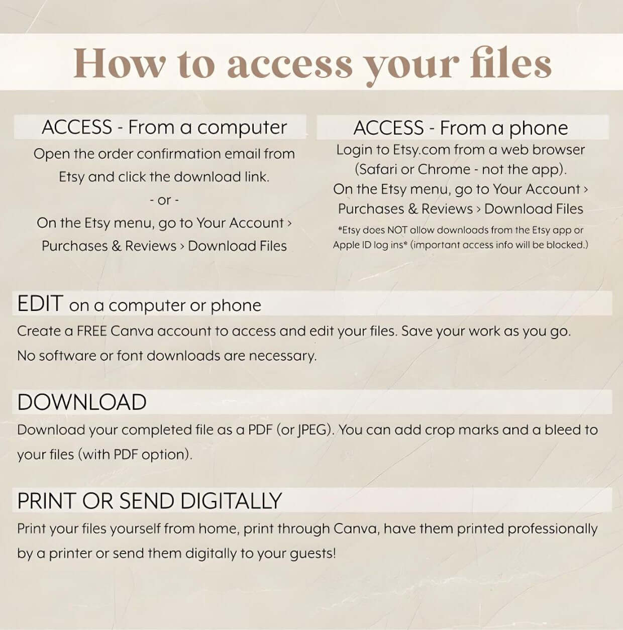 Instructions on how to access, edit, download, and print digital files from Etsy on a computer or phone.