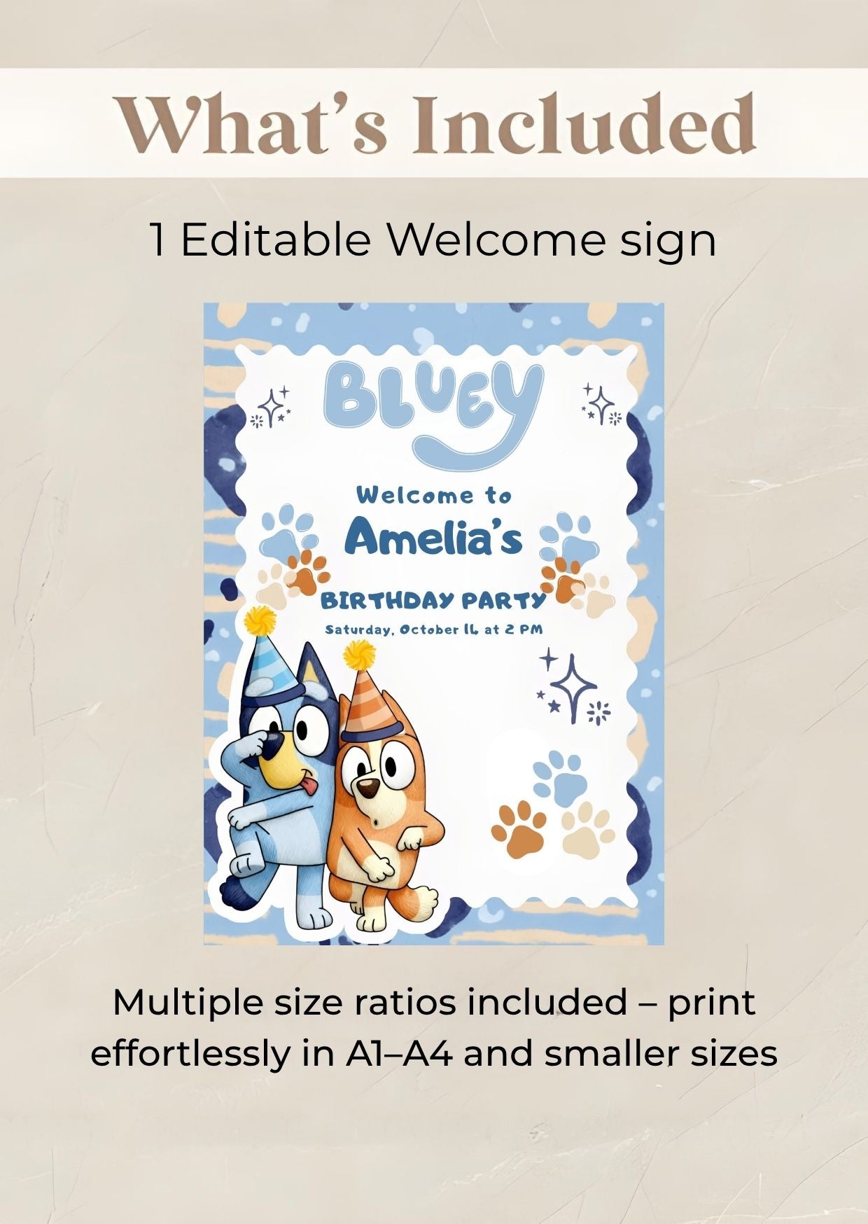 Bluey birthday welcome sign featuring a personalized design for Amelia's birthday party.