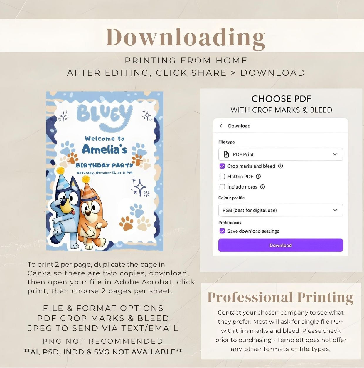 Bluey birthday welcome sign download instructions for printable party entrance sign.