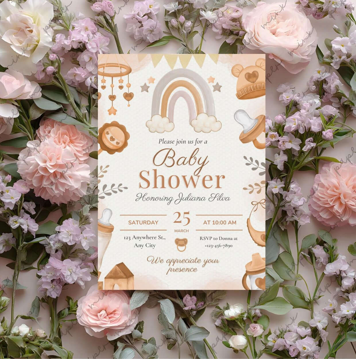 Neutral Rainbow Baby Shower Invitation | Brown Watercolor Baby Shower Invite | Gender Neutral Printable Template surrounded by flowers