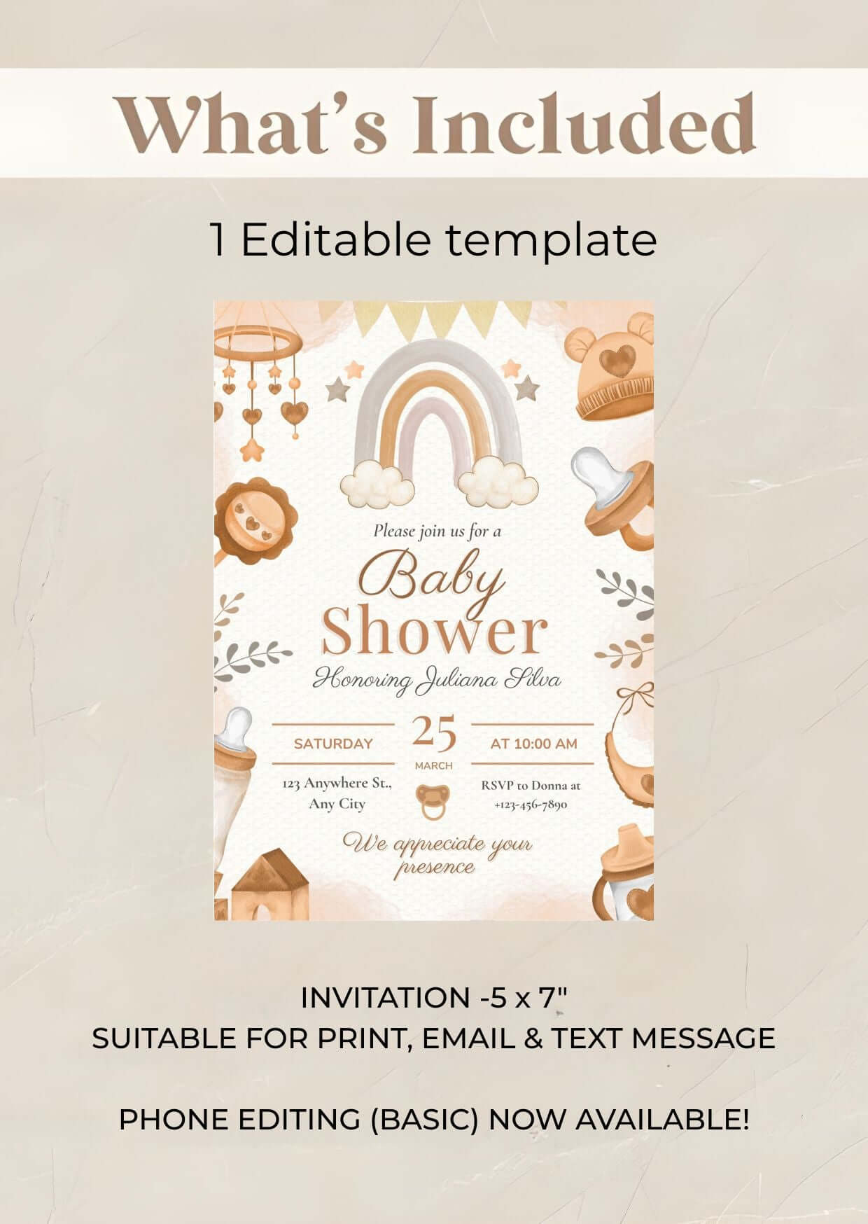 Neutral Rainbow Baby Shower Invitation | Brown Watercolor Baby Shower Invite | Gender Neutral Printable Template design