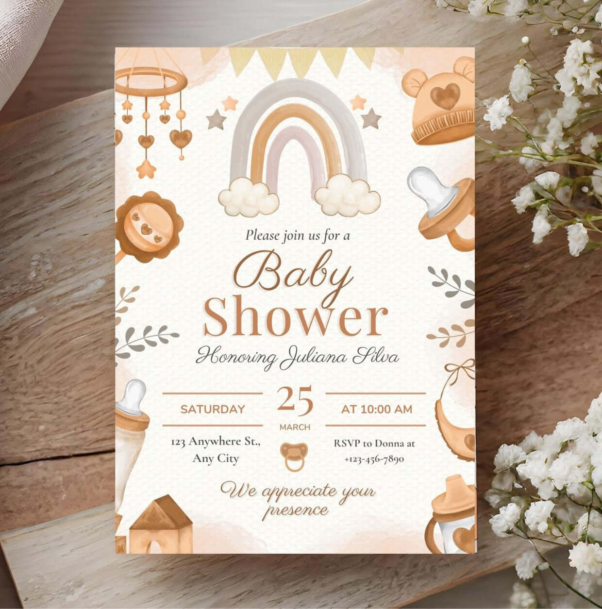 Neutral Rainbow Baby Shower Invitation | Brown Watercolor Baby Shower Invite | Gender Neutral Printable Template