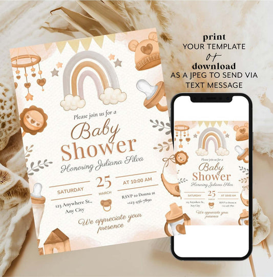 Neutral Rainbow Baby Shower Invitation | Brown Watercolor Baby Shower Invite | Gender Neutral Printable Template displayed on phone and card