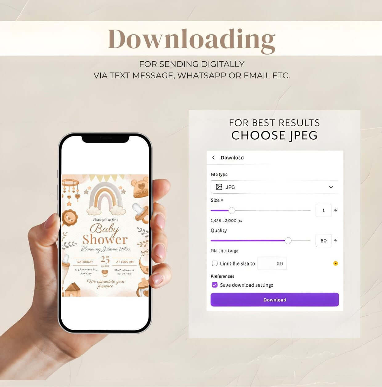Neutral Rainbow Baby Shower Invitation displayed on smartphone with download instructions