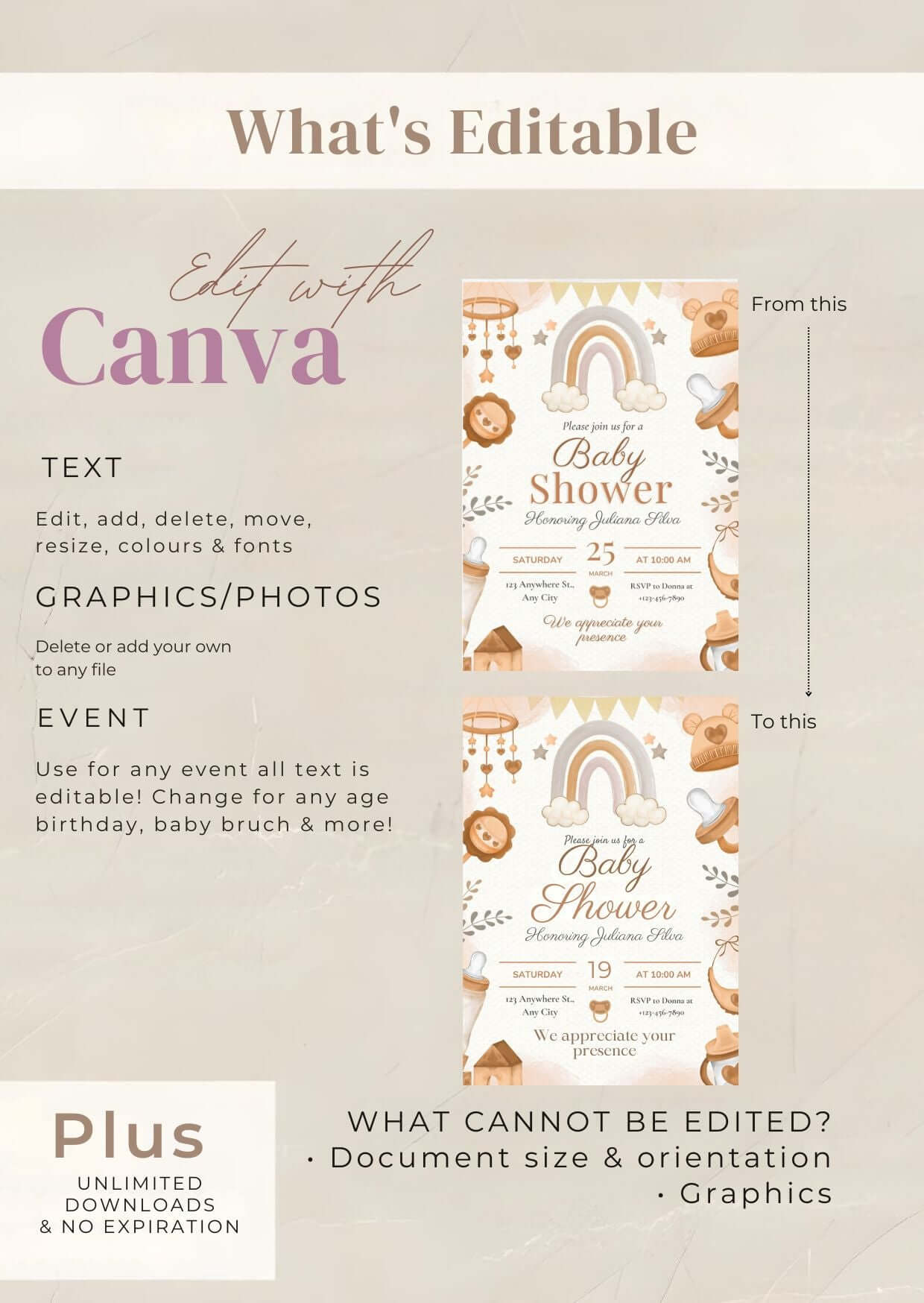 Neutral Rainbow Baby Shower Invitation | Brown Watercolor Baby Shower Invite | Gender Neutral Printable Template displayed in Canva editor