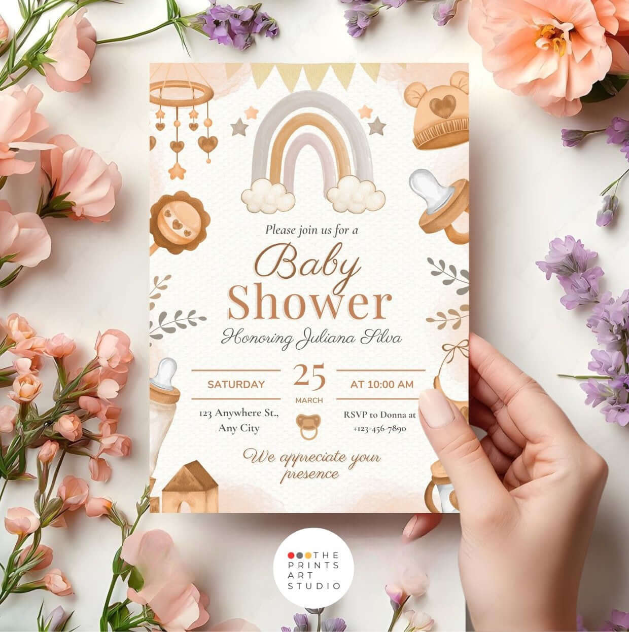 Neutral Rainbow Baby Shower Invitation | Brown Watercolor Baby Shower Invite with flowers and playful baby elements.