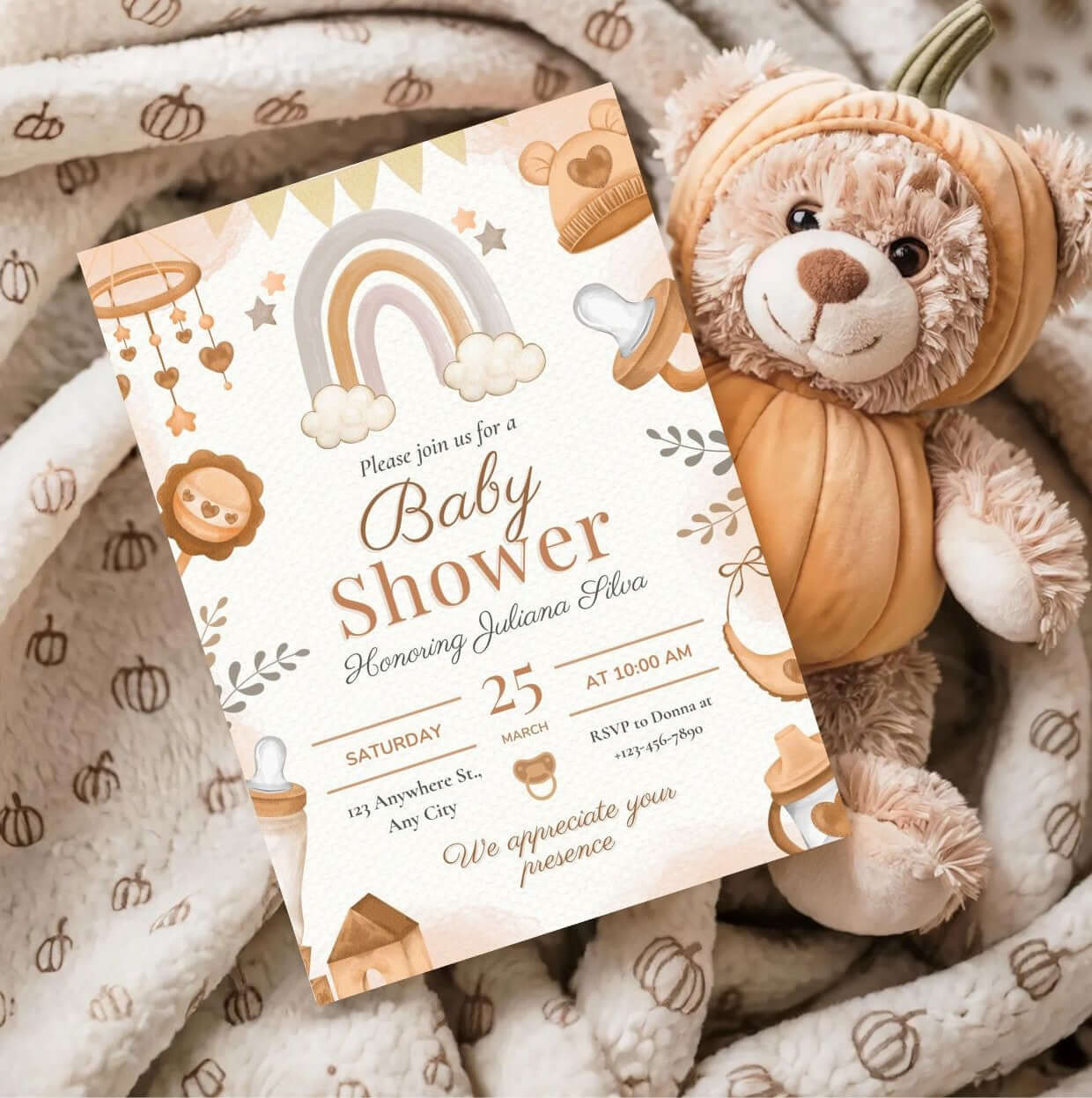 Neutral Rainbow Baby Shower Invitation with Brown Watercolor Design and Teddy Bear Gift