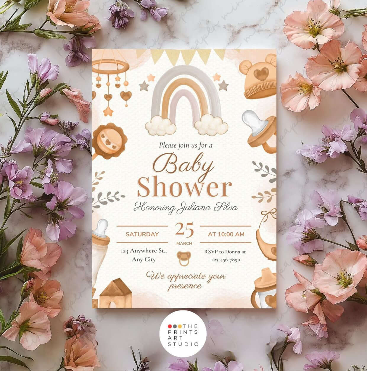 Neutral Rainbow Baby Shower Invitation | Brown Watercolor Baby Shower Invite | Gender Neutral Printable Template with floral background