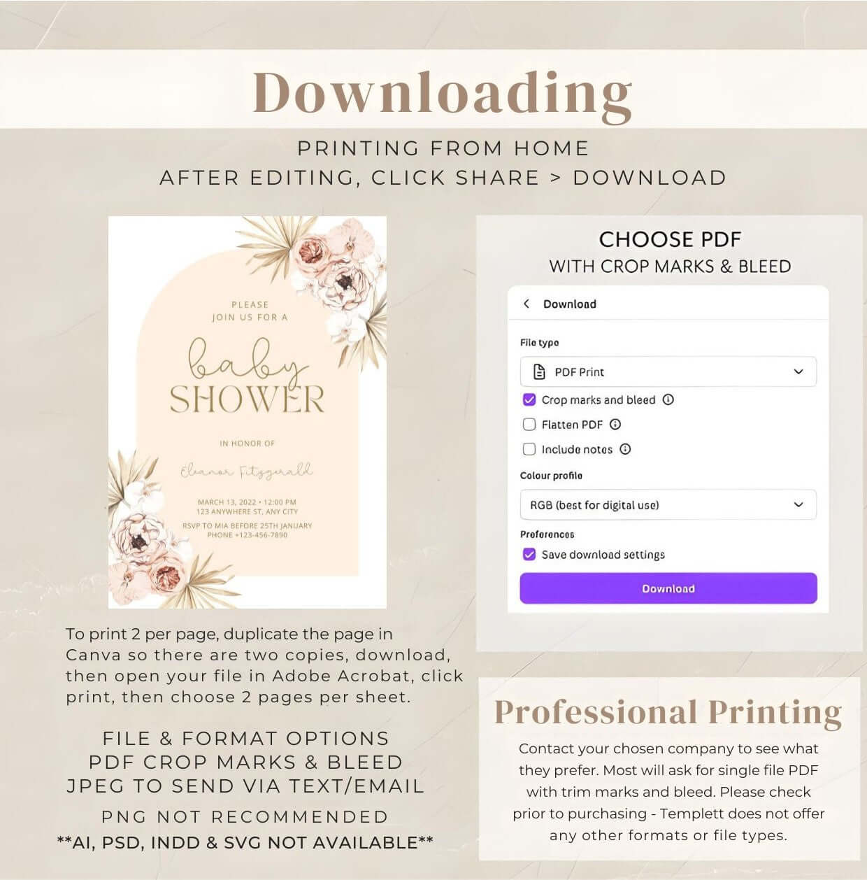 Pastel Boho Floral Baby Shower Invitation | Neutral Arch Editable Template | Digital Download guide