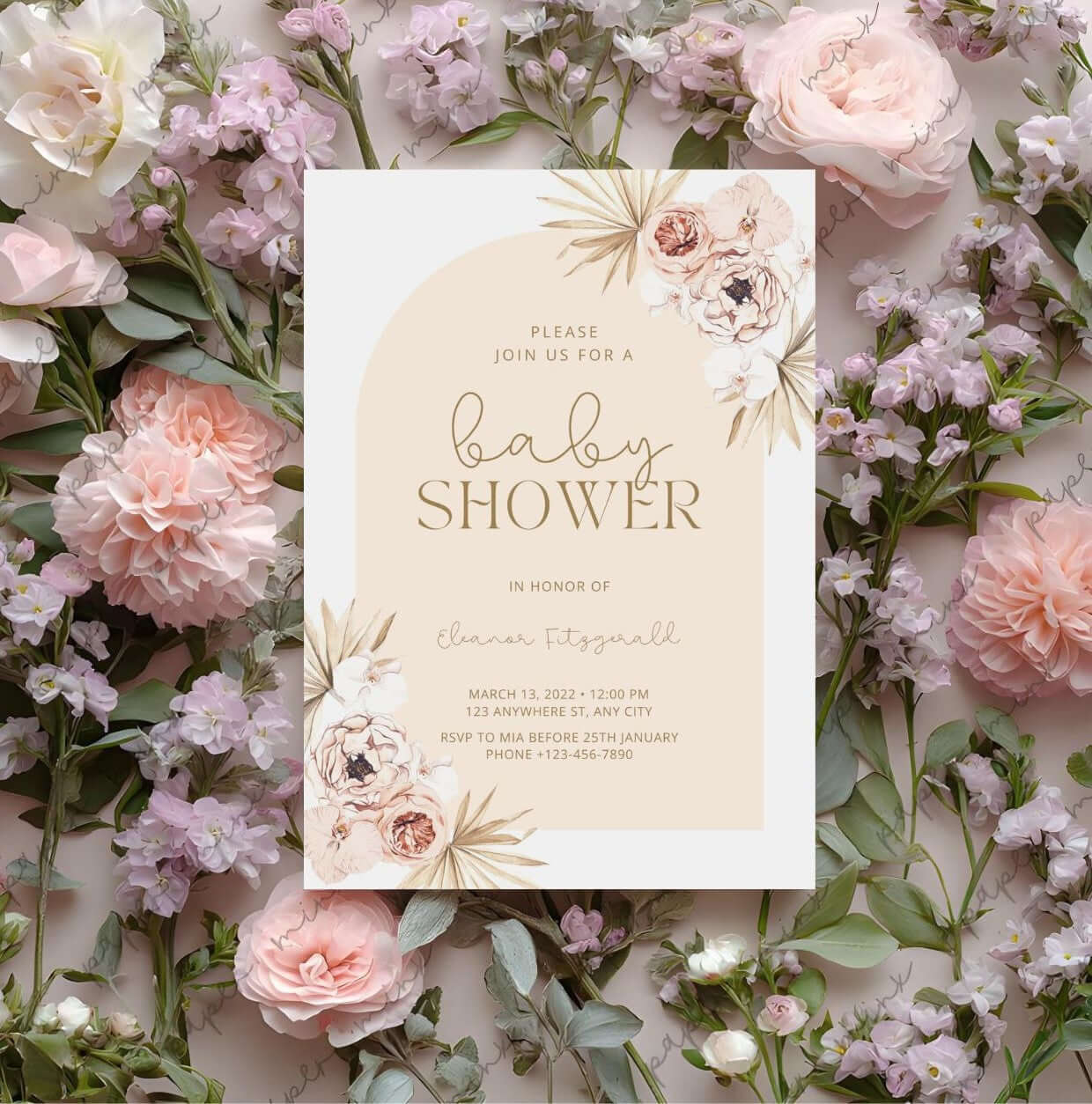 Pastel Boho Floral Baby Shower Invitation | Neutral Arch Editable Template | Digital Download on floral background