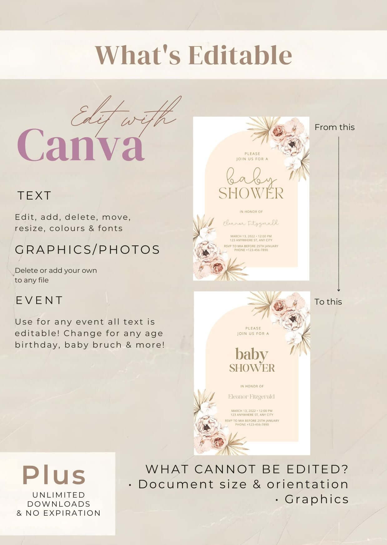 Pastel Boho Floral Baby Shower Invitation | Neutral Arch Editable Template | Digital Download - Canva editing guide
