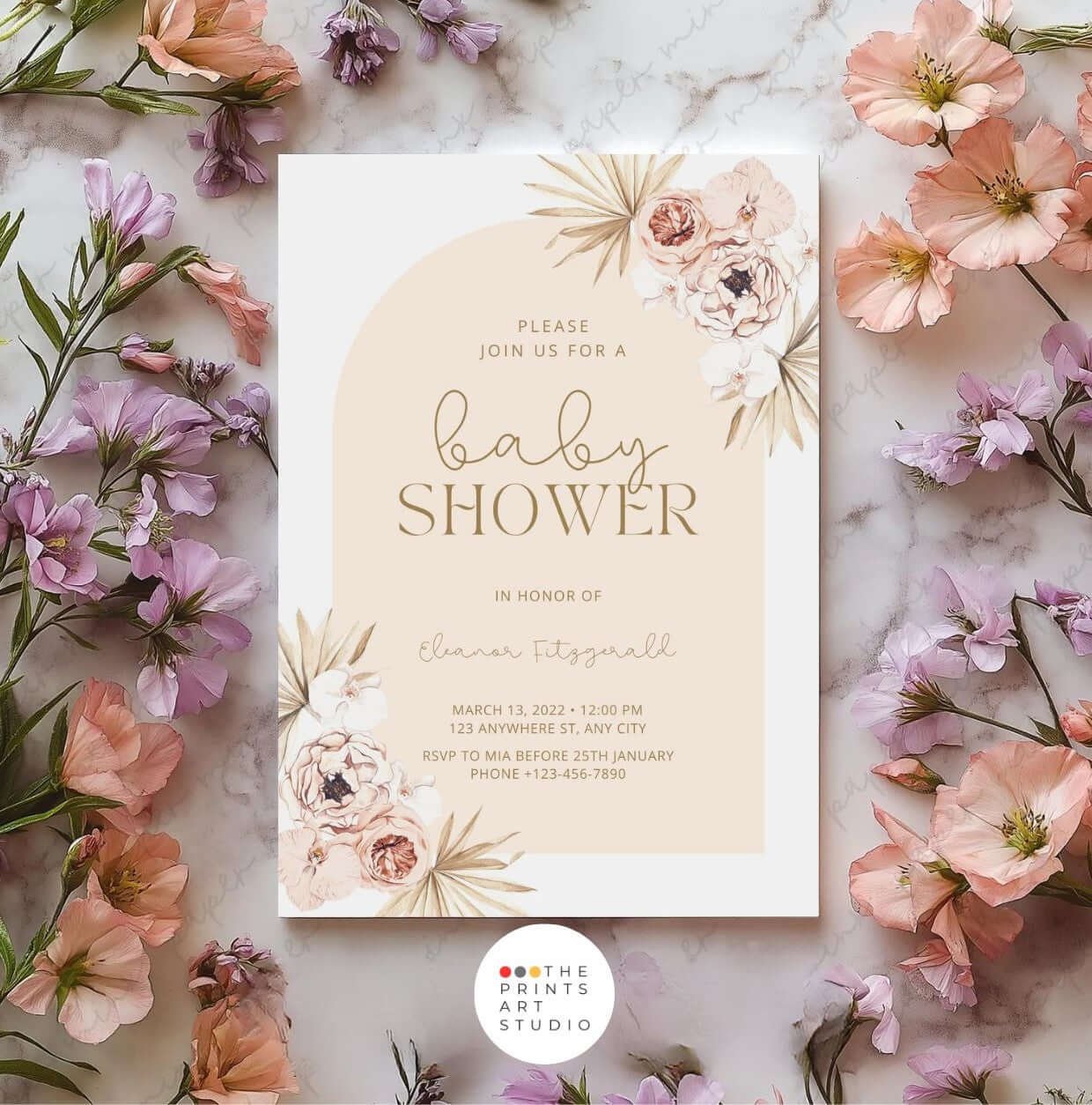 Pastel Boho Floral Baby Shower Invitation | Neutral Arch Editable Template | Digital Download with watercolor florals on marble background.