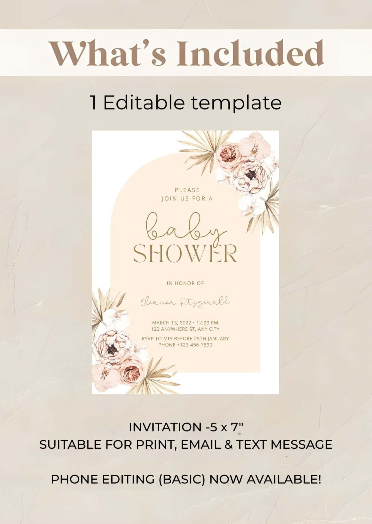 Pastel Boho Floral Baby Shower Invitation | Neutral Arch Editable Template | Digital Download with watercolor florals displayed