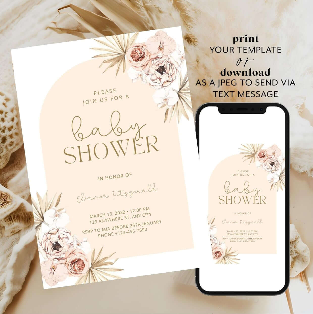Pastel Boho Floral Baby Shower Invitation | Neutral Arch Editable Template | Digital Download on phone and card