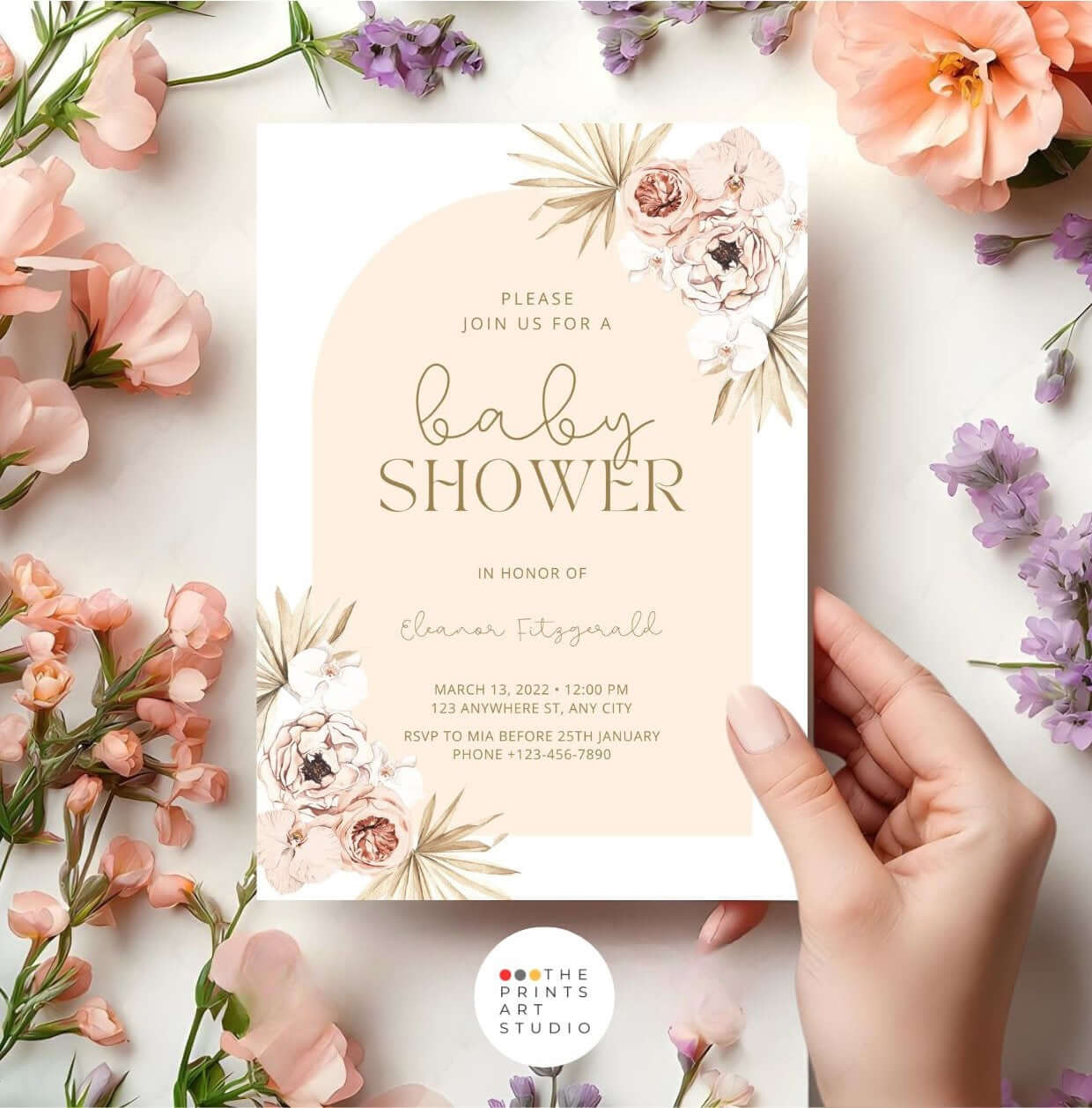 Pastel Boho Floral Baby Shower Invitation | Neutral Arch Editable Template | Digital Download