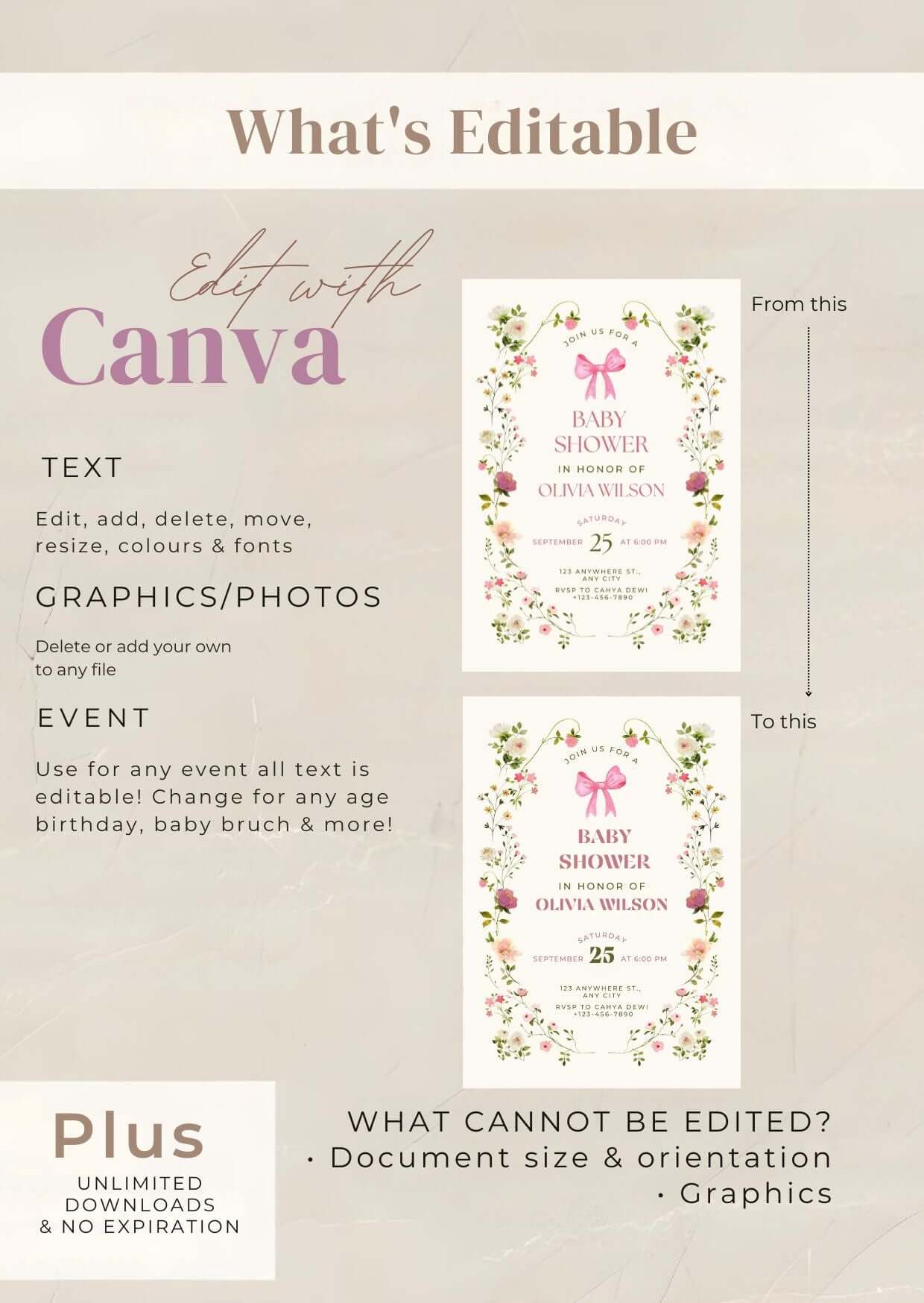 Pink Floral Baby Shower Invitation | Feminine Watercolor Girl Baby Shower Invite | Editable Digital Download Template