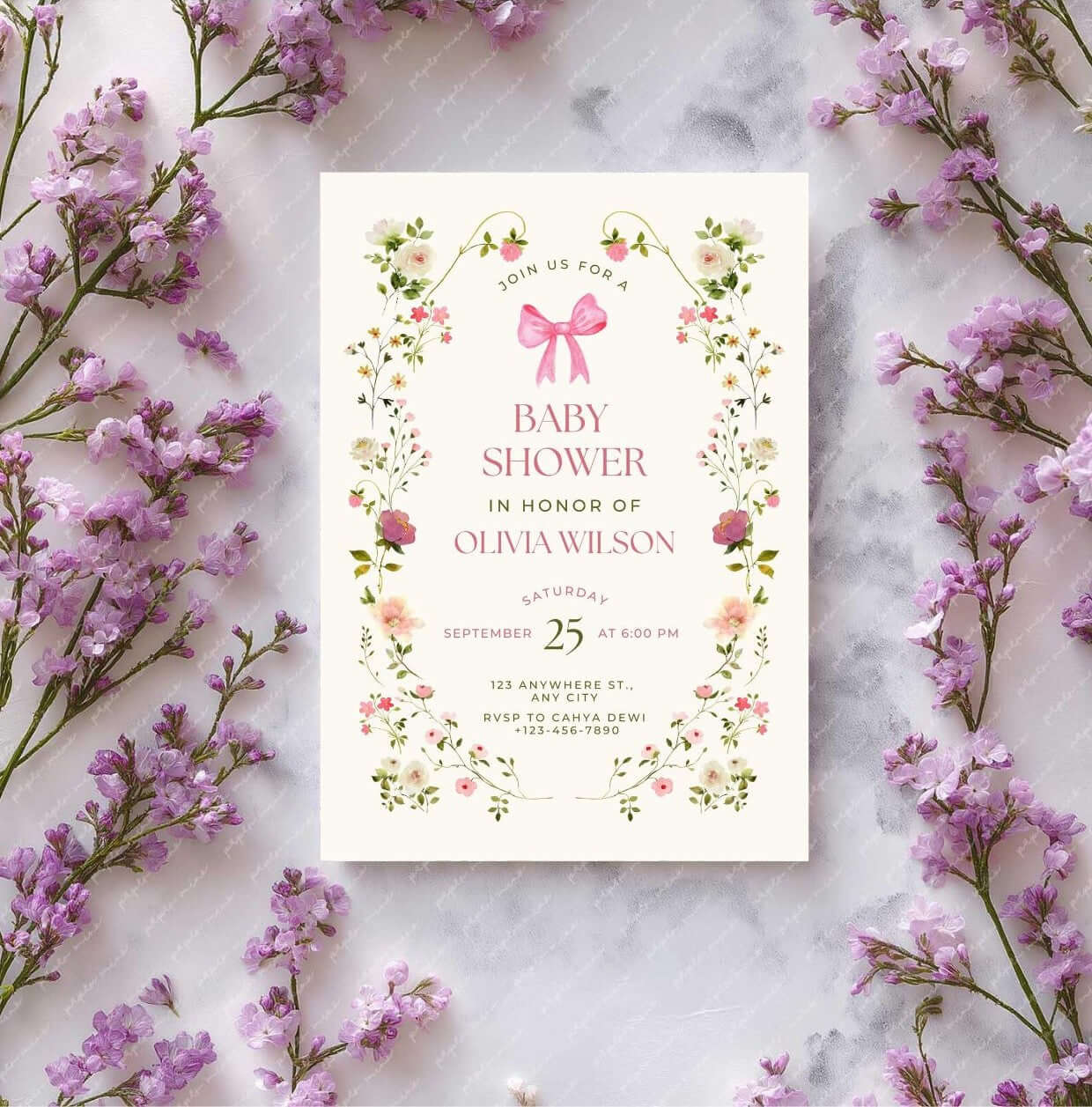 Pink Floral Baby Shower Invitation | Feminine Watercolor Girl Baby Shower Invite | Editable Digital Download Template