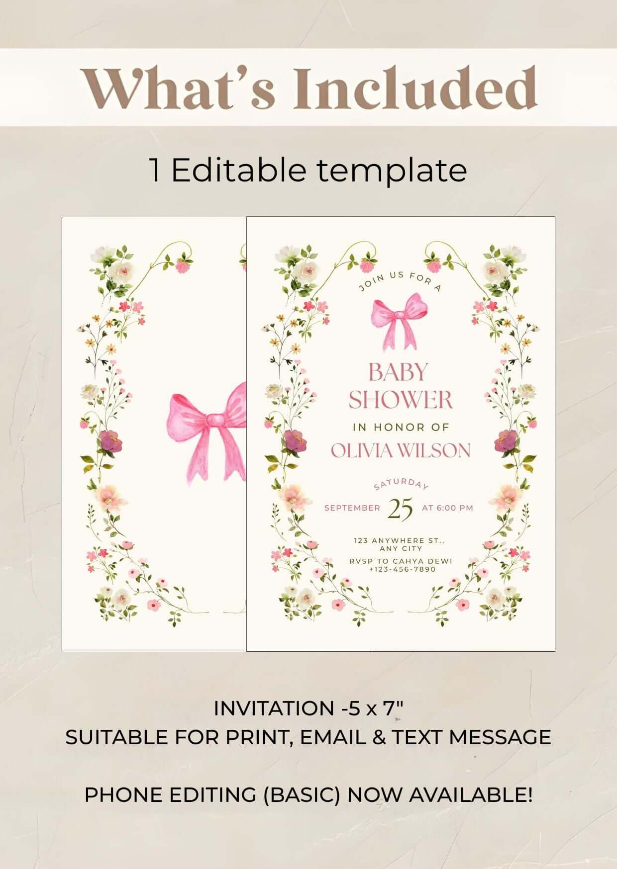Pink Floral Baby Shower Invitation, Feminine Watercolor Girl Baby Shower Invite, Editable Digital Download Template showing invitation design.