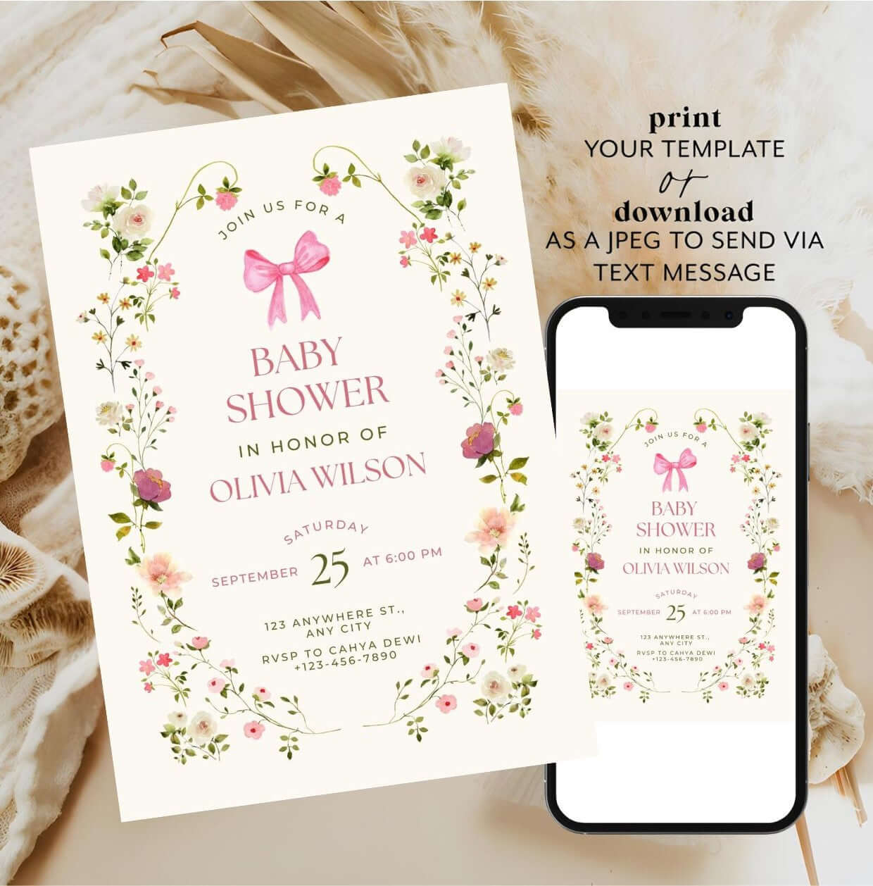 Pink Floral Baby Shower Invitation | Feminine Watercolor Girl Baby Shower Invite | Editable Digital Download Template