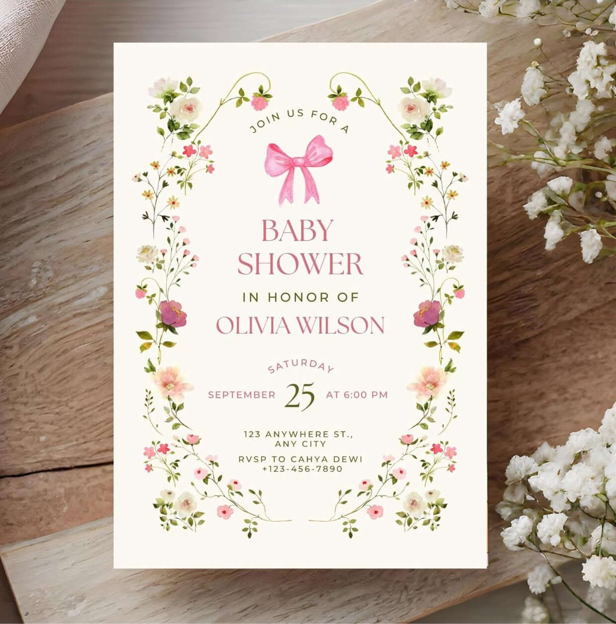 Pink Floral Baby Shower Invitation | Feminine Watercolor Girl Baby Shower Invite | Editable Digital Download Template