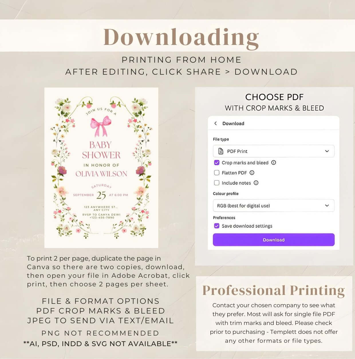 Pink Floral Baby Shower Invitation | Feminine Watercolor Girl Baby Shower Invite | Editable Digital Download Template guide.