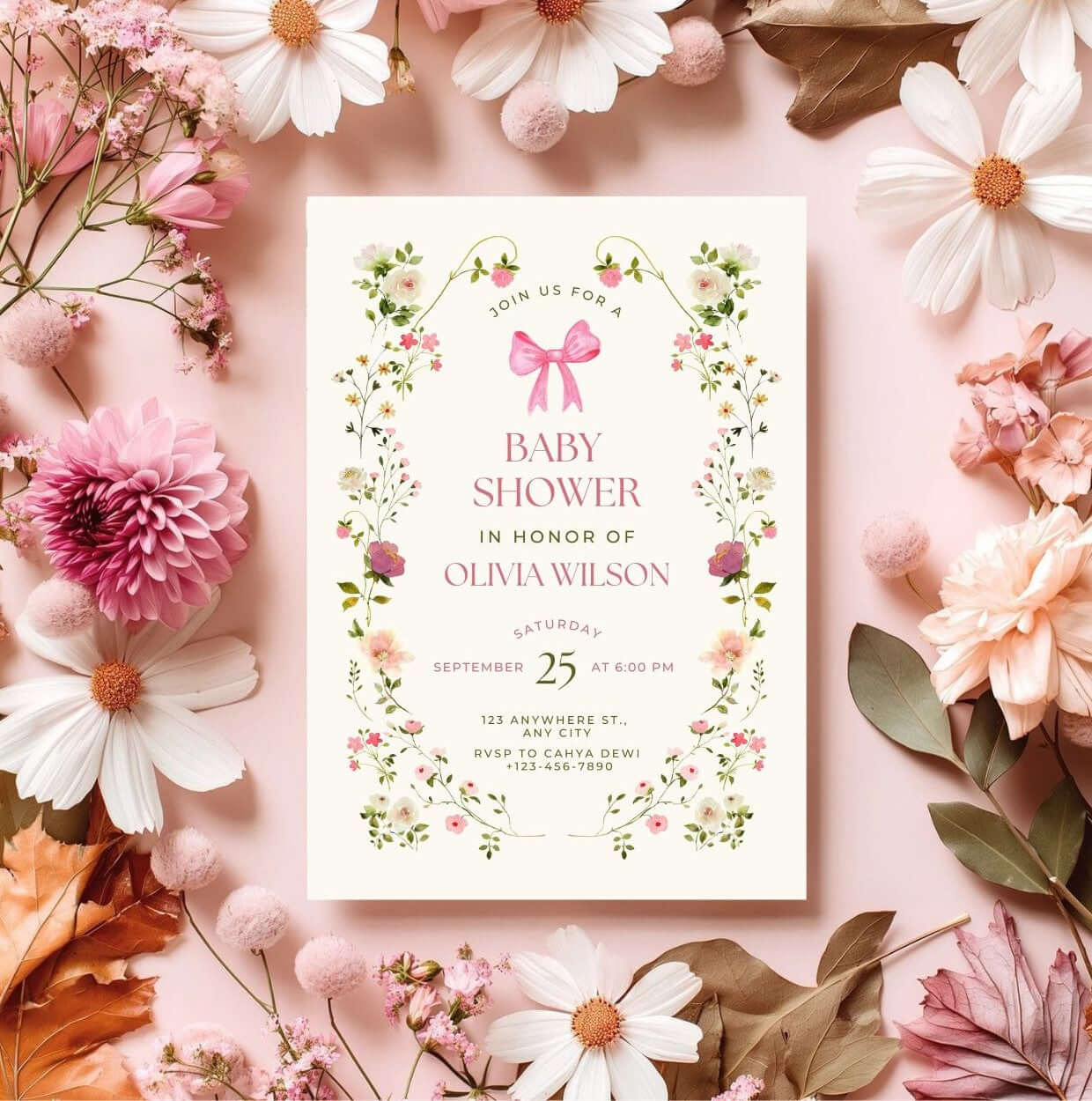 Pink Floral Baby Shower Invitation | Feminine Watercolor Girl Baby Shower Invite | Editable Digital Download Template