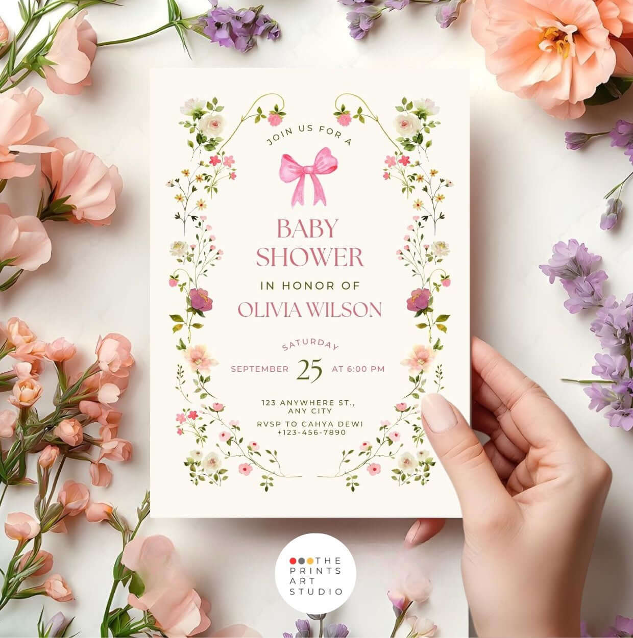 Pink Floral Baby Shower Invitation | Feminine Watercolor Girl Baby Shower Invite | Editable Digital Download Template with floral design