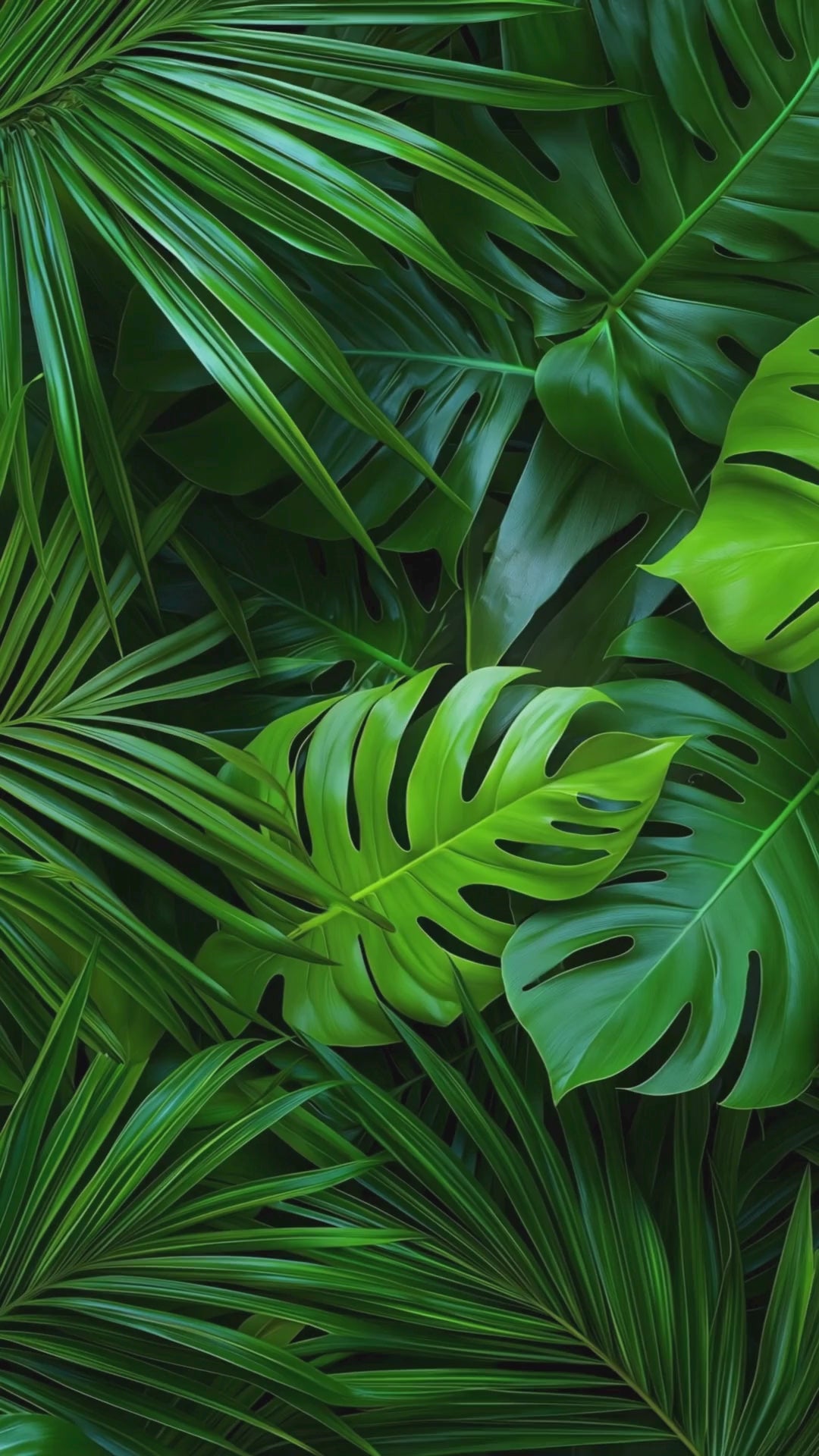 Lush green tropical leaves background, featuring various palm and monstera leaves in vibrant shades of green.