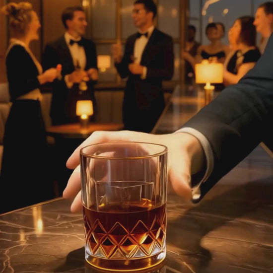 Whiskey Birthday Video Invitation on smartphone screen showing elegant party design with golden lighting.