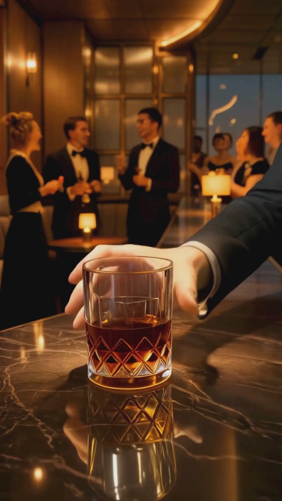 Whiskey Birthday Video Invitation on smartphone screen showing elegant party design with golden lighting.