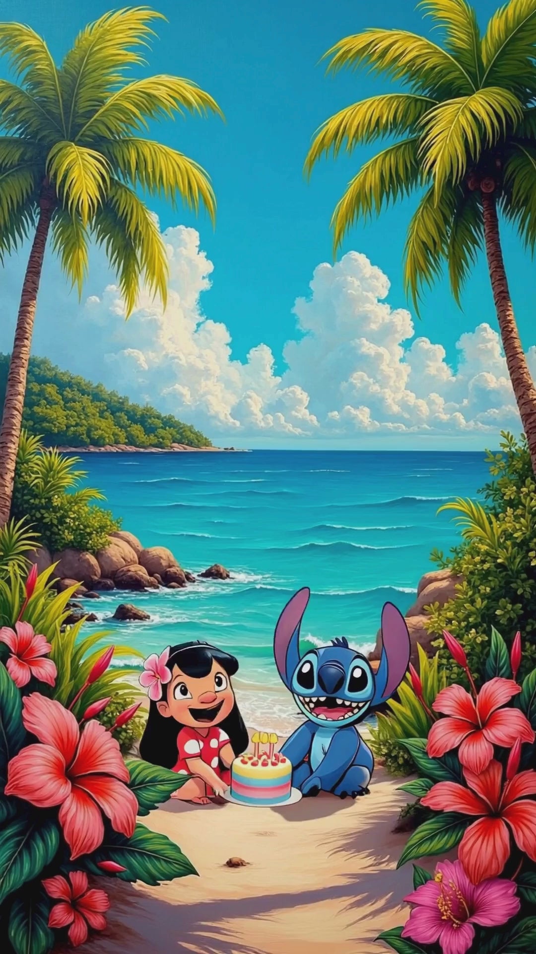Lilo and Stitch birthday video invitation template displayed on smartphone screen.