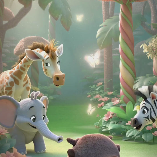 Cute jungle animals in animated forest scene from Editable Baby Shower Video Invitation Template | Canva Digital Invite.