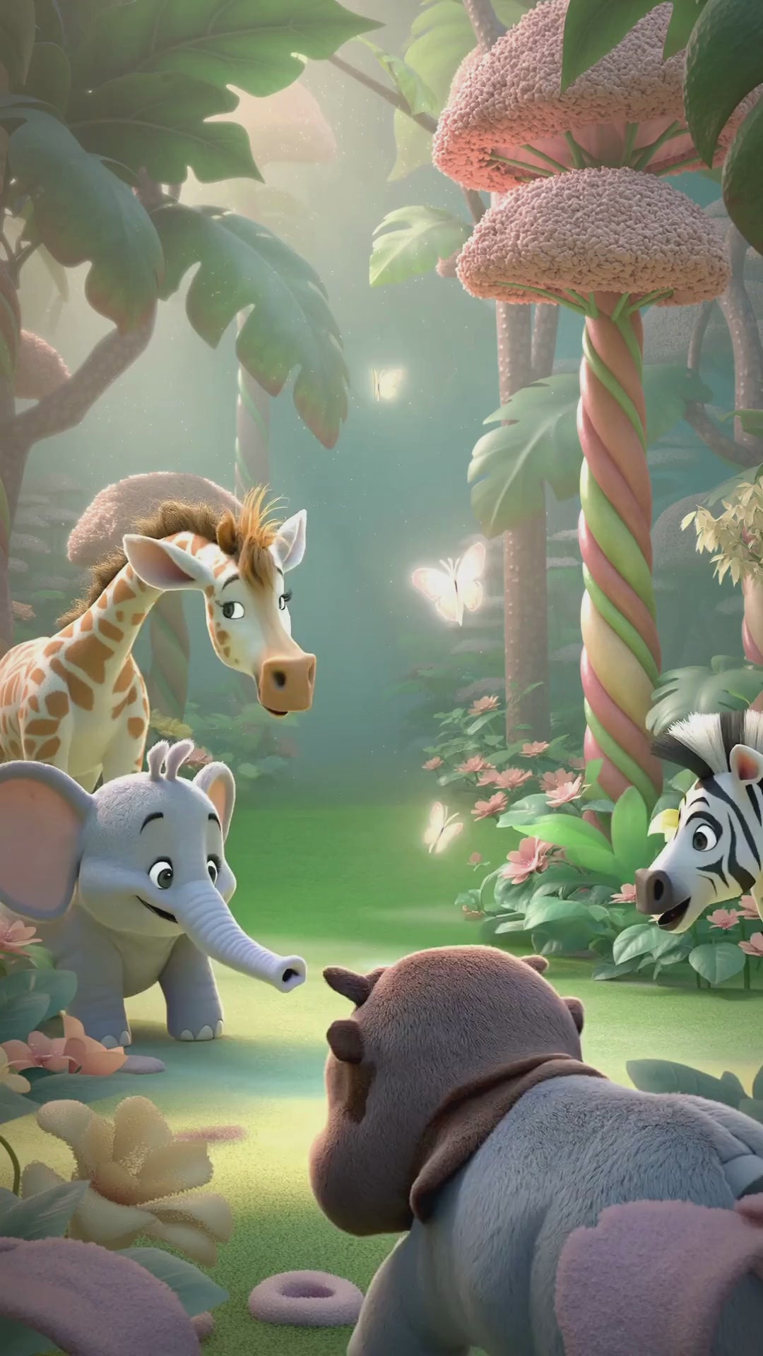 Cute jungle animals in animated forest scene from Editable Baby Shower Video Invitation Template | Canva Digital Invite.