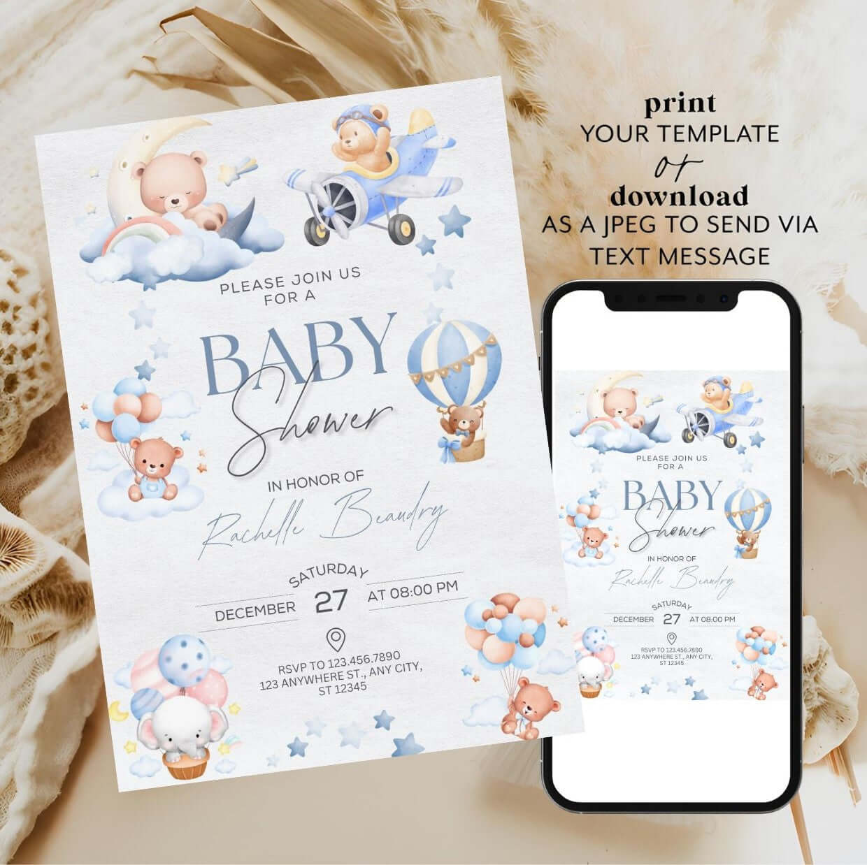 Printable baby shower invitation template with cute teddy bears and hot air balloons.