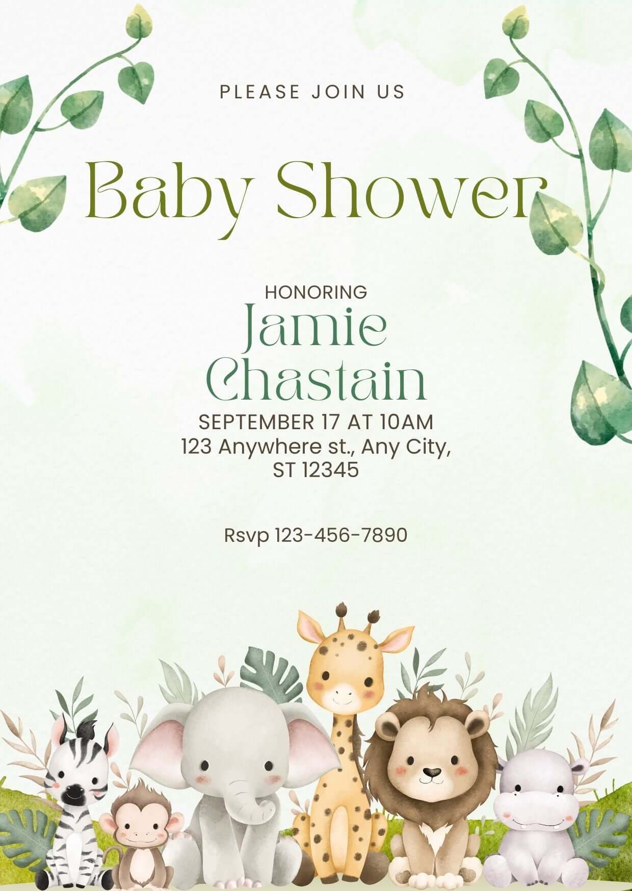 Safari baby shower invitation with watercolor jungle animals and greenery, featuring elephants, giraffes, lions, zebras, and monkeys.
