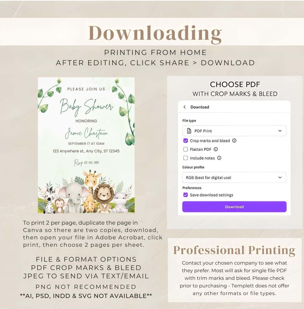 safari baby shower invitation with jungle animals and greenery design showing printing instructions for home use