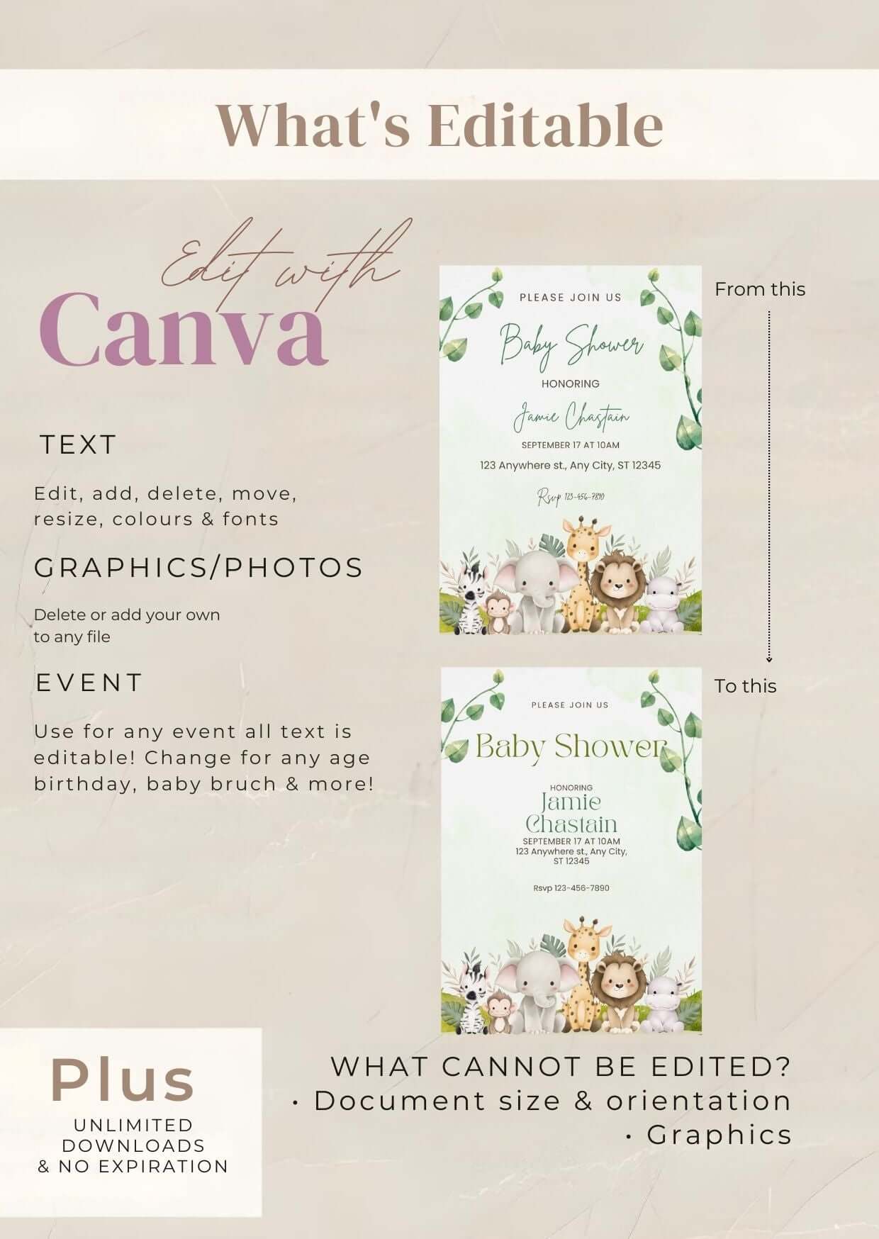 Editable safari baby shower invitation template with jungle animals and greenery, showcasing Canva customization options.