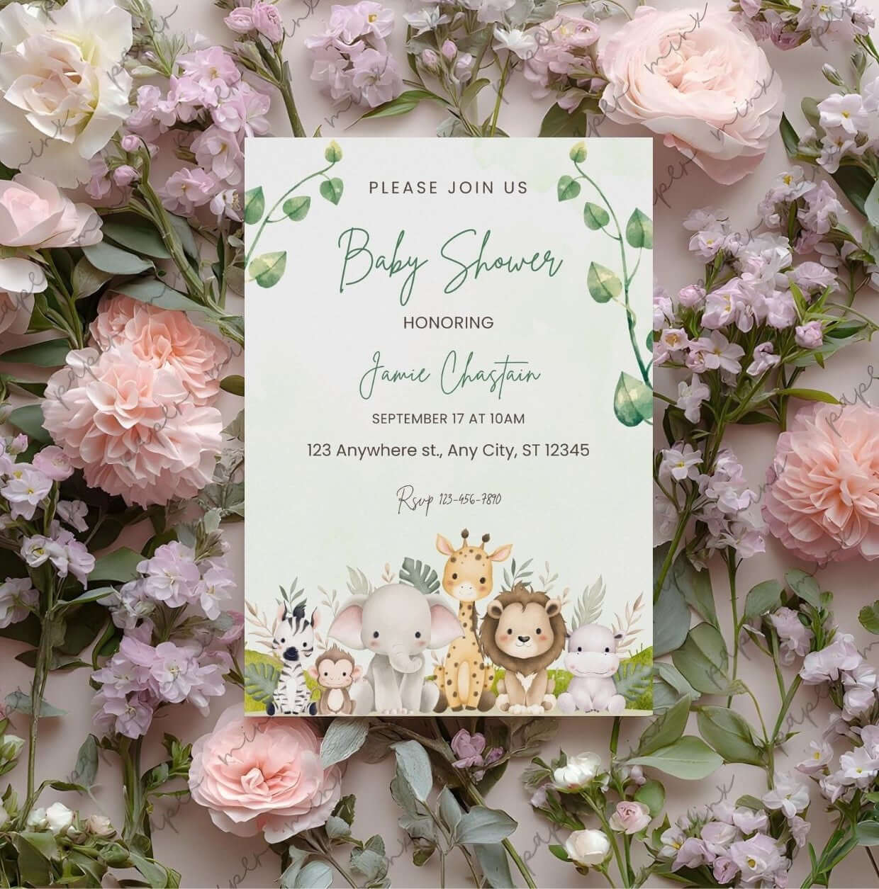 safari baby shower invitation featuring jungle animals and greenery surrounded by flowers, perfect for gender-neutral celebration