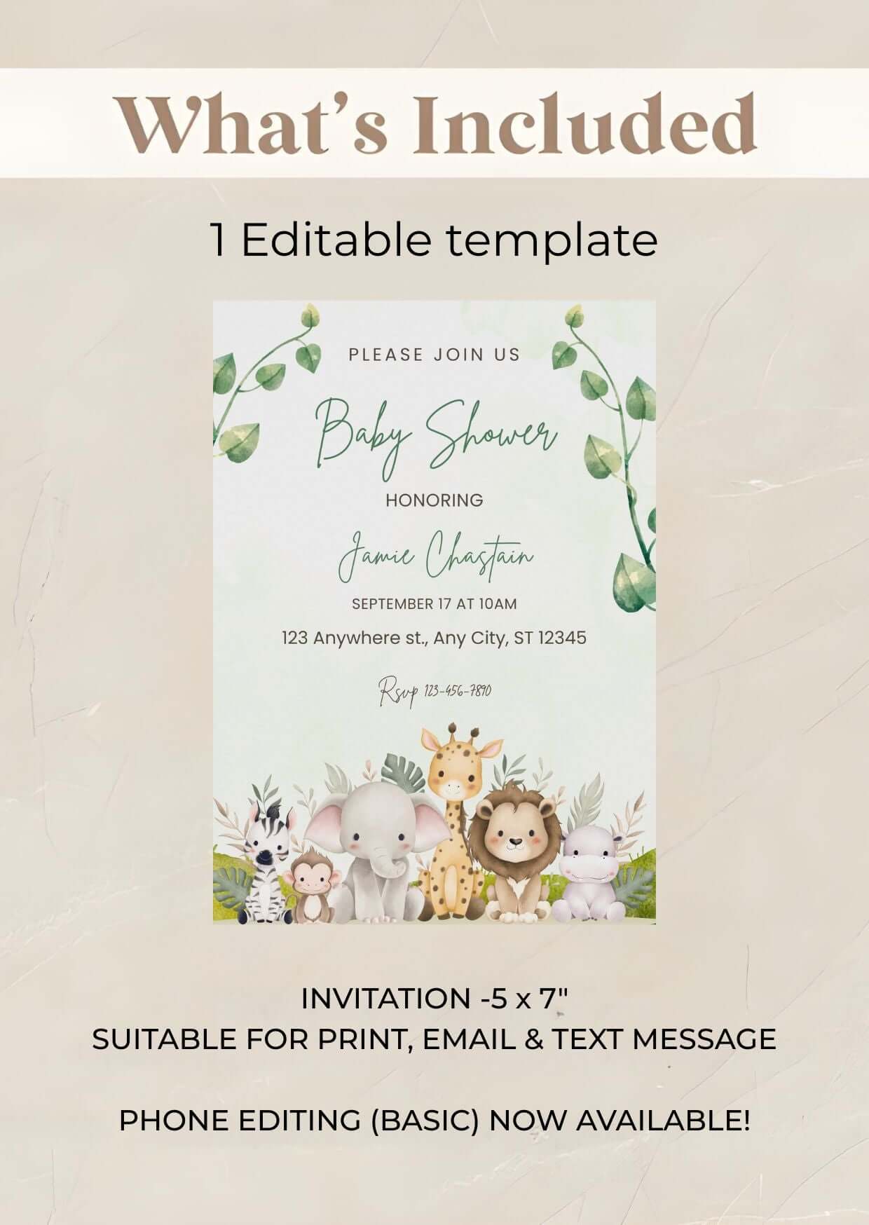 Safari baby shower invitation with jungle animals and greenery on a 5x7 editable template, perfect for gender-neutral celebrations.