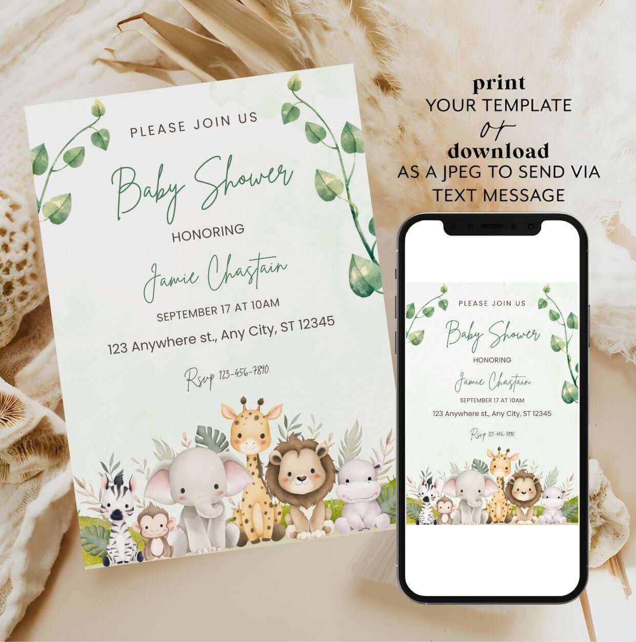 Safari baby shower invitation with jungle animals and greenery theme on a digital and print template.
