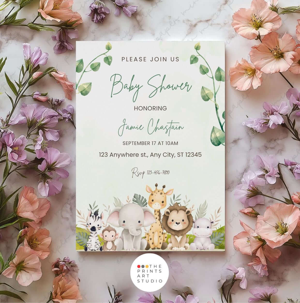 Safari baby shower invitation with jungle animals and greenery on floral background