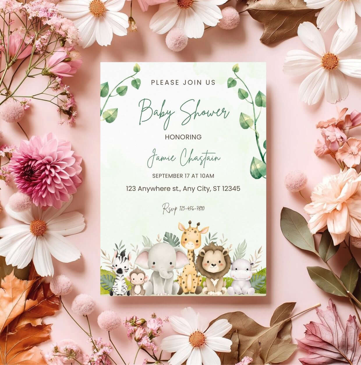 Safari baby shower invitation with jungle animals and greenery, featuring elephants, giraffes, lions, and more in watercolor style.