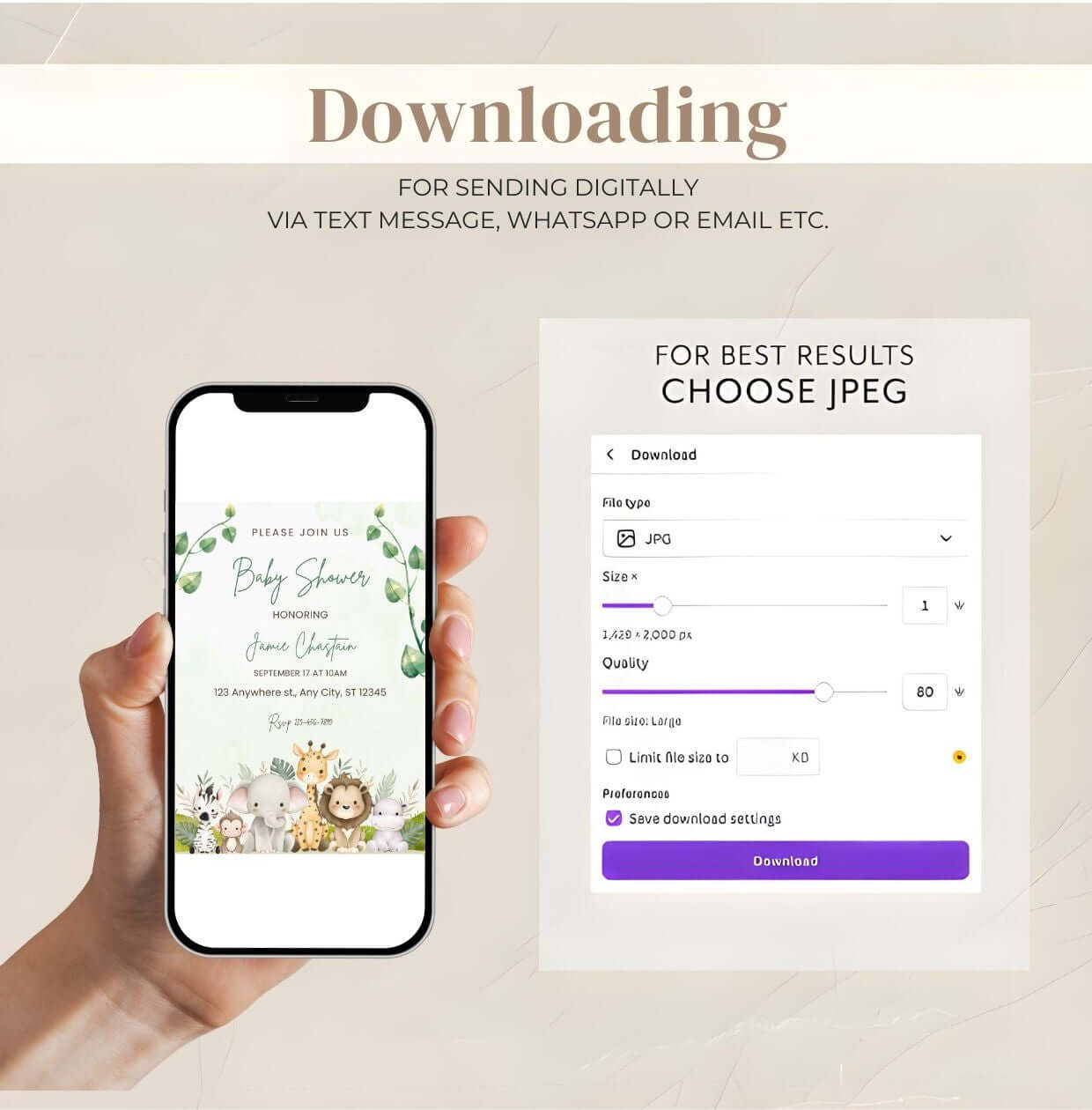 Hand holding a phone displaying a safari baby shower invitation with jungle animals and greenery, showing download options for best JPEG quality.